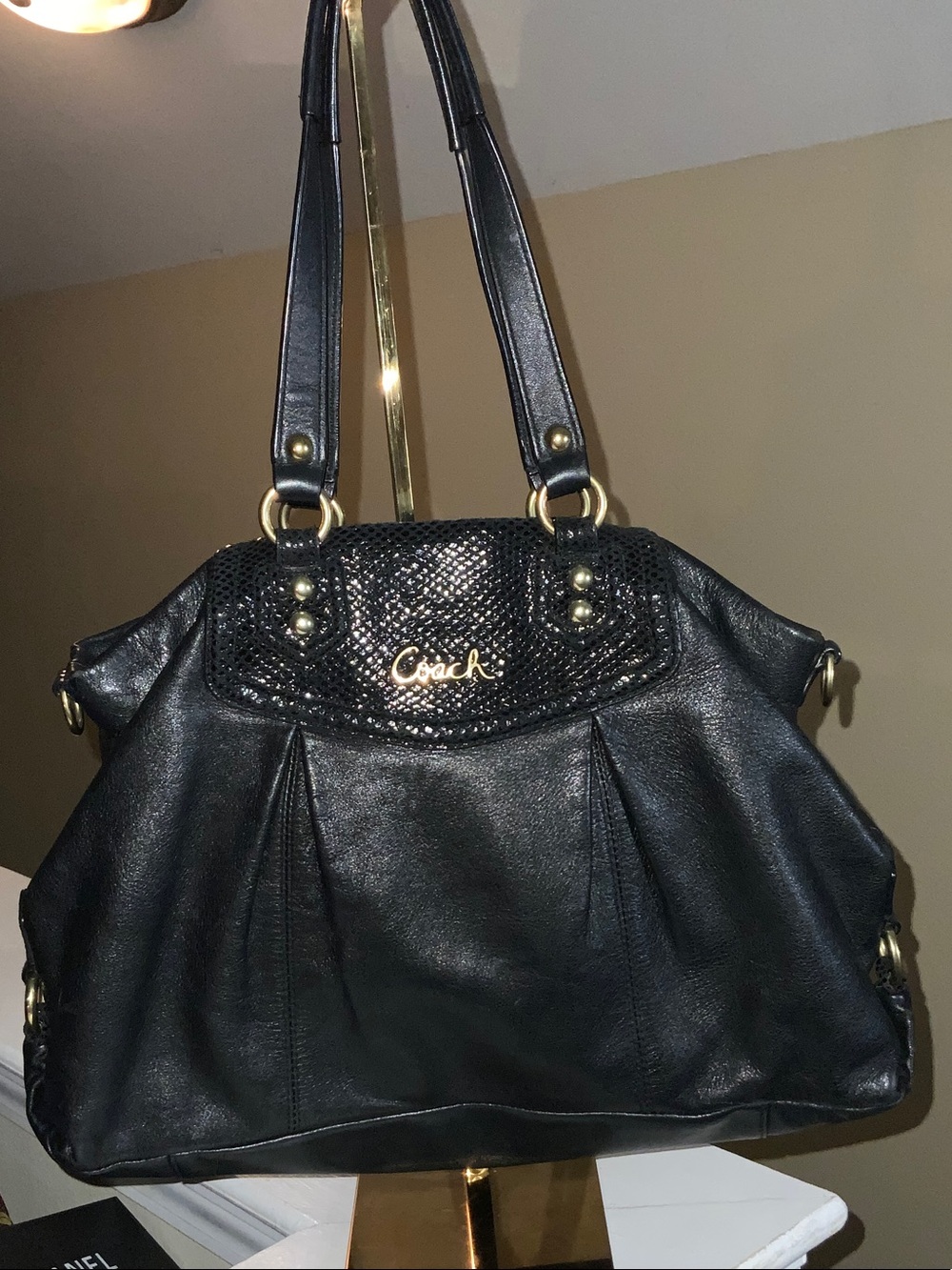Coach Black Leather Shoulder Bag with Gold Accents